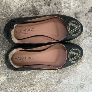Valentino Black Leather Loafers with Gold Logo